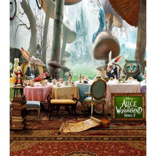 TR 5ftx7ft Alice in Wonderland Photography Backdrop Cartoon Cat Carpet Mushrooms Background for Photography Studio Custom Size