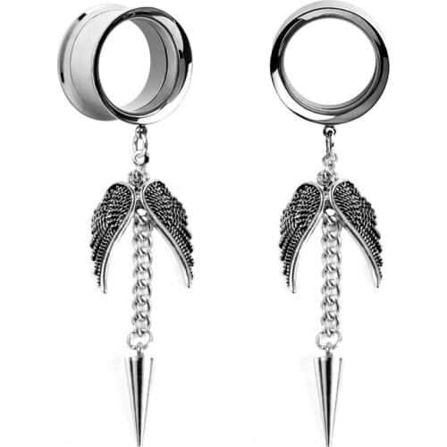 1Pair Angel Wing Pendant 316L Stainless Steel Ear Plugs Ear Gauges Flesh Tunnel Piercing Expander Ear Reamer Extension 4mm