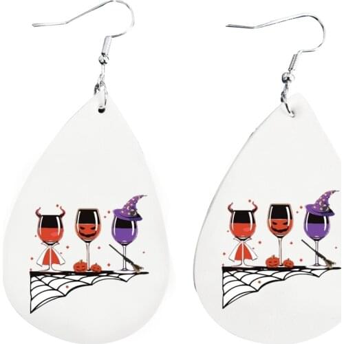 Stock Halloween Happy Fall Theme Earrings- Faux Leather Teardrop Earrings Double Print Wholesale New