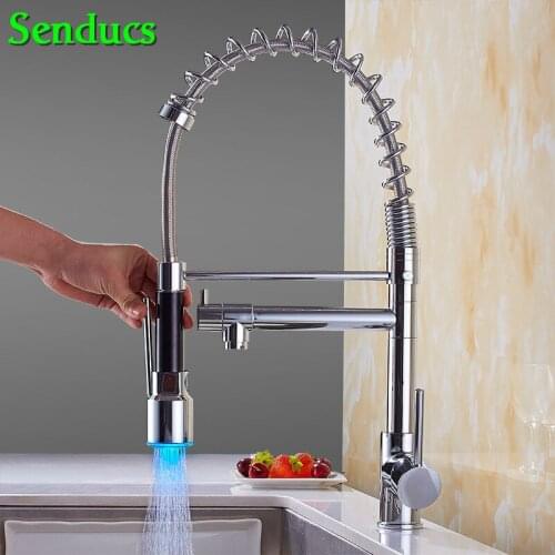 Senducs Led Pull Down Kitchen Faucet with Quality Brass Pull Out Kitchen Sink Mixer Tap for Deck Mounted Hot Cold Water Faucet