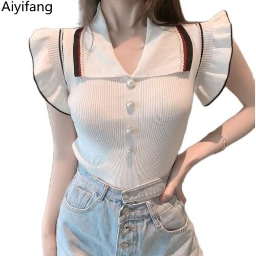 Ladies Sweet Thin Ice Silk Knitted Polo Shirt Summer Vintage Black White Knitwear Womens Sleeveless Vest Pullover Sweater Tops