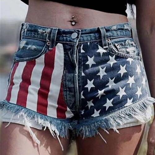 Plus Size Summer short femme women denim shorts American Flag Print Tassels Pockets Holes women denim shorts Clubwear 2021