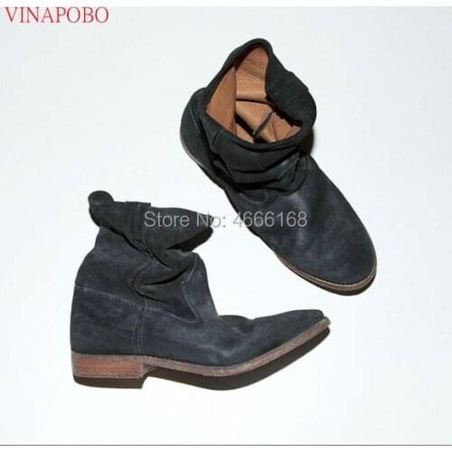 Vinapobo big size autumn winter height increasing Heels women boots round toe high heel suede leather boots slip on ankle boots