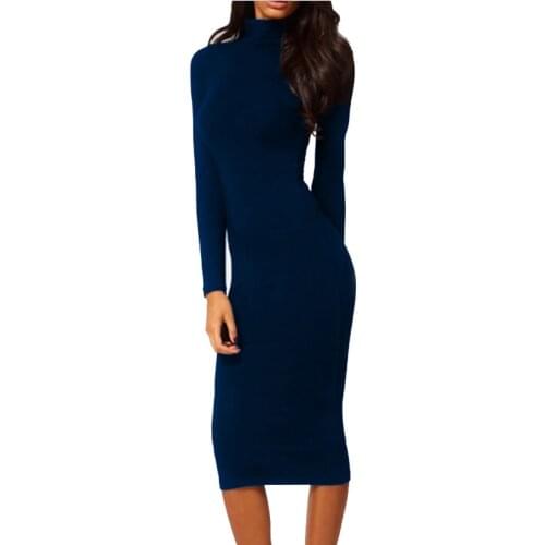 AAMIKAST New Fashion Women Elegant Turtleneck Full Sleeve Solid Party Stretch Bodycon Pencil Sexy Dress Free Shipping