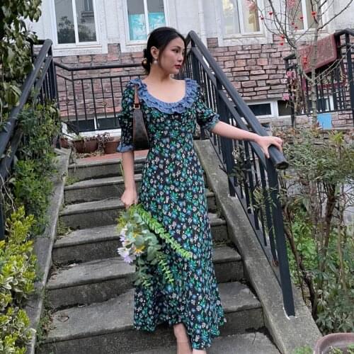 Women Summer French Vintage Floral Print Long Dress Female Slim Elegant High Version Spliced Dress Ladies Casual Dresses ML165