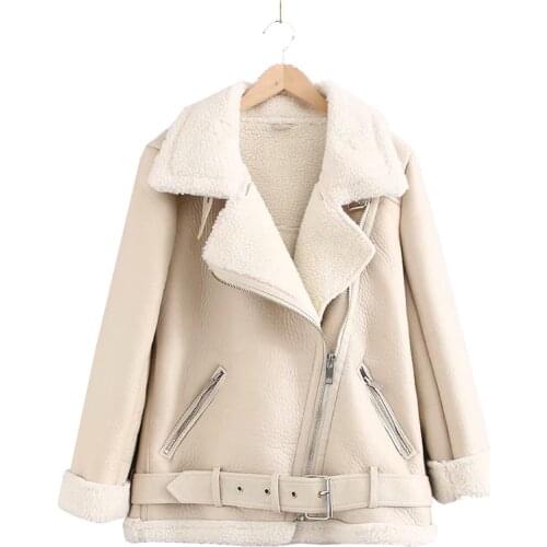 Belted Long Sleeve Winter Fur Coats Outerwear Womens Motorcycle Thick Lapel Lamb Wool Womens Parka Jacket Beige Black 2021