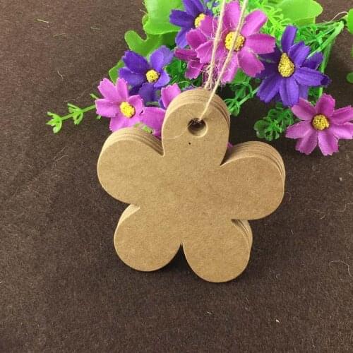100Pcs/Lot Flower Shape Brown Hang Tag Packaging Label Garment Tag Festivals Decoration Supply+100Pcs Hemp Strings Hang Labels