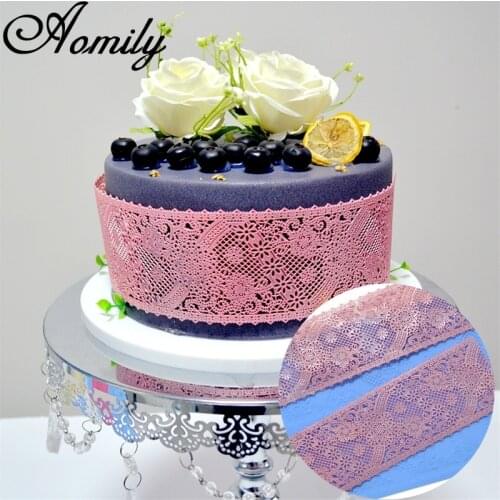Aomily 2 In 1 Luxury Flower Lace Shaped Silicone Mold Wedding Cake Border Decoration Fondant Cake Surround Food Grade Baking Mat