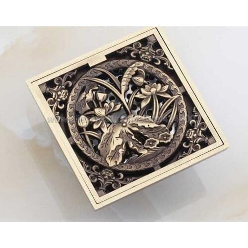 Antique Brass Art Flower Carved Bath Square Floor Drain Grate Waste Drainer Bathroom Accessories Waste Grate Floor Drain Khr016