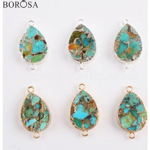 BOROSA Design 5PCS Gold Filled Teardrop Natural Copper Turquoises Connectors Gold Line Turquoises Chain Necklace Best Gift G1706