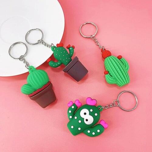 3D Cute Simulation Cactus Potted Keychain Green Plant Key Chain Mini Bonsai Flower Key Ring Soft Rubber Couple Car Bag Pendants