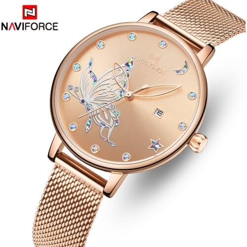 NAVIFORCE Luxury Crystal Watch Women Top Brand Rose Gold Steel Mesh Ladies Wrist Watches Bracelet Girl Clock Relogio Feminino