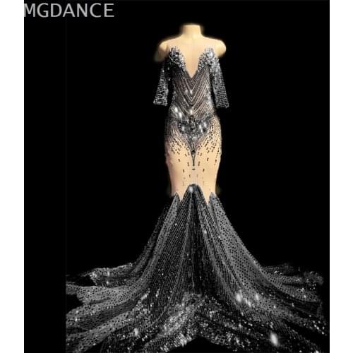Sequins Tail Dress Evening Party Long Rhinestones Dresses 3 Colors Sparkly Crystals Transparent Birthday Celebrate Costume
