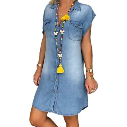 Trendy women dress sleeveless Button pocket turn-down collar polyester casual Mini Dresses one pieces