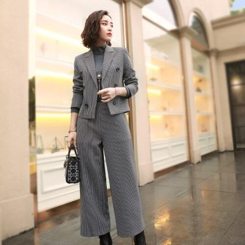 Fashion Women Wide leg pants Pant Suits Women Business Sets Plaid Blazer+Wide leg pants 2 Piece Sets Office Lady Female Outfits