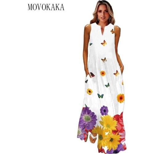 MOVOKAKA Fashion White Summer Dress 2021 Casual Plus Size Butterfly Print Long Dresses Woman Sleeveless Beach Maxi Womens Dress