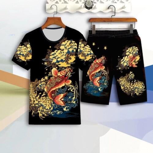 Chinese style mens casual suit summer short-sleeved T-shirt + shorts 2-piece set fashion trend 3D carp mens clothing