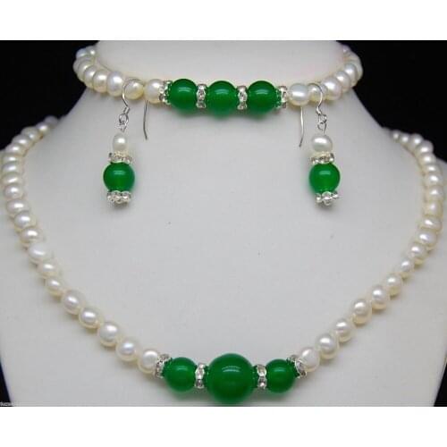 Natural 7-8mm White Pearl & Green stone Beads Necklace Bracelet Earring A Set