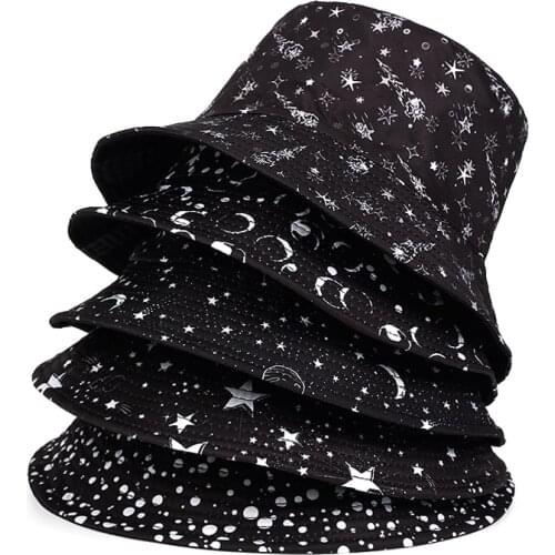 Unisex Stars moon Print Bucket Hat Foldable double-sided wear Hip Pop Street Bucket Hat Summer Sun Hats for Women Men gorras