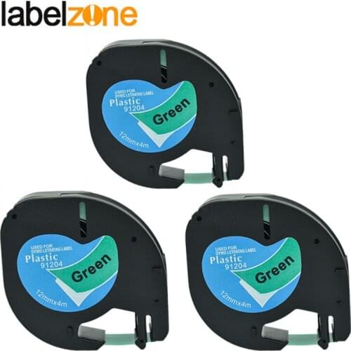 3Pcs LT91204 Compatible Dymo Letratag Plastic Tapes 91204 Label Ribbon 12mm*4m Balck on Green for DYMO Letratag Label Printers