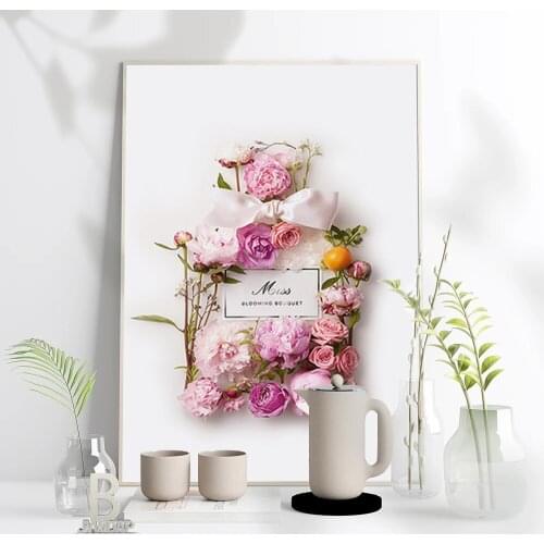 Blush Pink Perfume Flower Posters Prints Blooming Bouquet Luxury Wall Art Miss Bottle Vogue Canvas Painting Modern Pictures Art