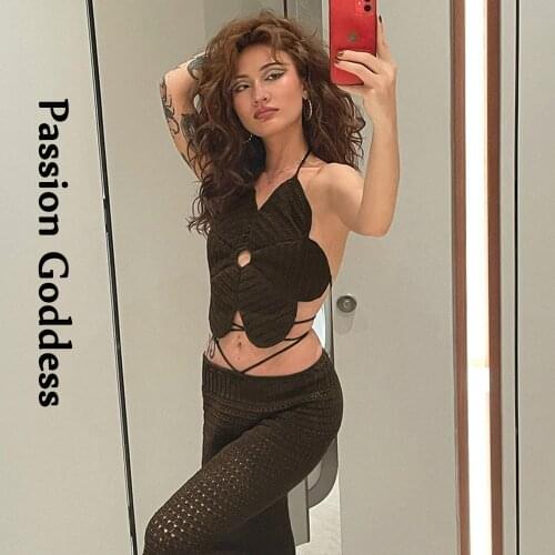 Sexy Cute Women Knitted Petal Crop Tops Summer Sleeveless Slim Bandage Halter Tank Vest Bustiers Hollow Out Cropped Top Y2k Girl