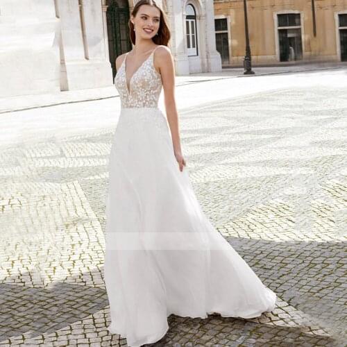Chiffon A Line Beach Wedding Dress Sexy V Neck Bride Gown Spaghetti Straps Backless Sweep Train Bridal Dresses White Ivory Robe
