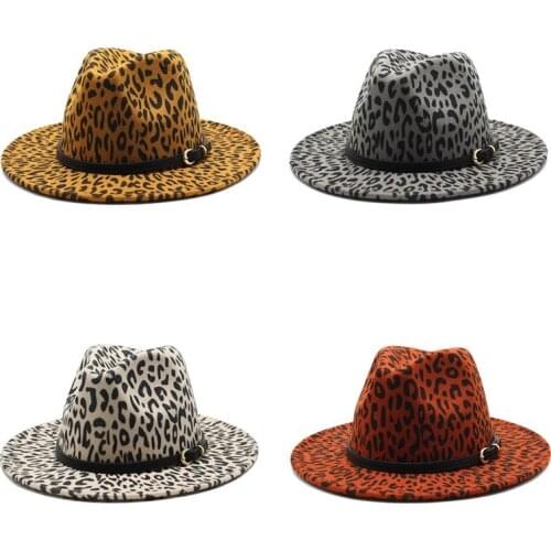 Men Fedora hats women Cowboy Leopard woolen jazz hats British style hat Fashion hat autumn winter big along Multicolor hat
