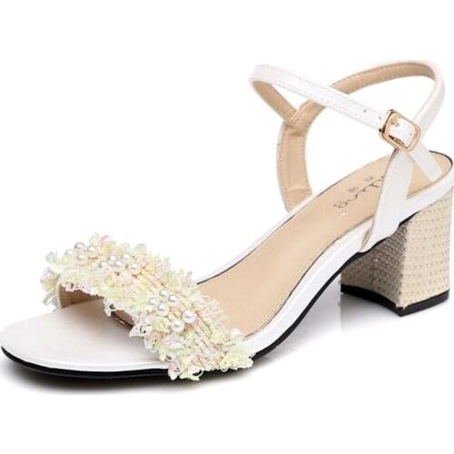 2019 Summer Female Fashion Thick High Heel Sandals Open Toe Shoes High Quality Pink Beige