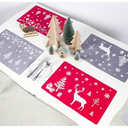 6 Sets PVC Placemats Coaster Pads Happy Christmas Tablemat Cup Pad Red Gray Waterproof Place Mat Set Xmas Home Table Decoratiton