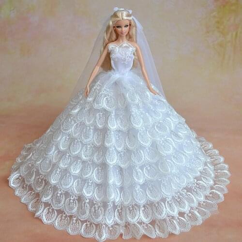 White Wedding Dress + Veil + Golove/set Multi-layers Lace Big Bride Gown Clothing Outfit Clothes For 1/6 Kurhn Barbie Doll