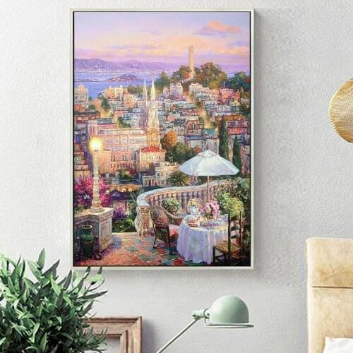 No frame mediterranean sea city night scenery canvas printings oil painting printed on cotton home wall art decoration picture