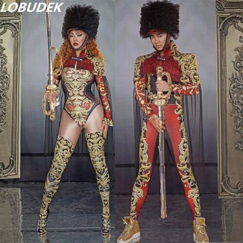 Vintage Printing Bodysuit Military Uniform Jumpsuit Male Female Cosplay Costumes Halloween Party Role Performance Stage Costume