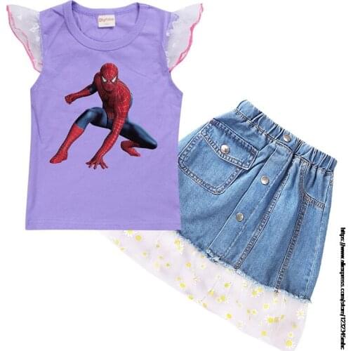 Disney Girls Kids Summer Outfit Childrens SpiderMan Print Short Sleeve T-Shirt + Button-Open Denim Skirt for 2-15 Years