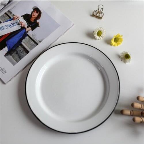 25.5cm Enamel Retro Nostalgic Enamel Disc Black Edge Thickened Breakfast Tableware Plate Western Cuisine Plate