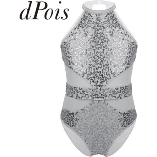 Girls Gymnastics Leotard Sleeveless Halter Sparkly Sequins Mesh Splice Cutouts Back Kids Ballet Dance Jumpsuit Child Dancewear