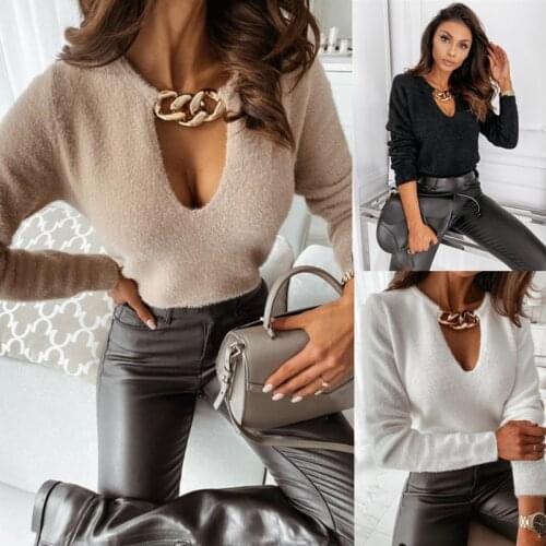 Imcute Women Plush T-Shirts Autumn Winter Streetwear Metal Chain Patchwork Loose Fit Long Sleeve Deep V-neck Pullover Tees Tops