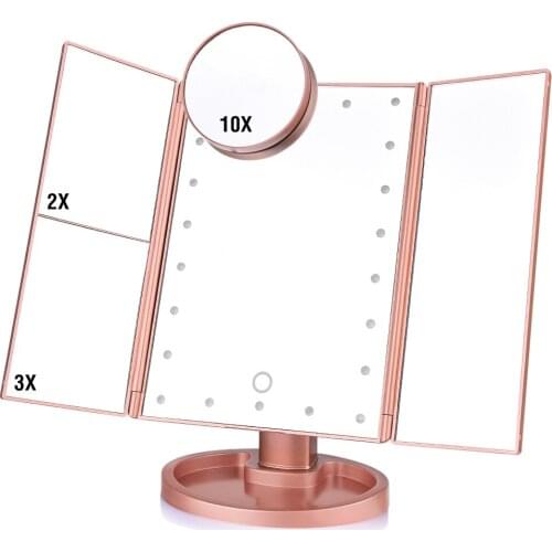 Makeup Mirror with 22 LED Lights Trifold Vanity Mirror with Magnification Function 180 Degree Rotation Portable Mirrors Portable