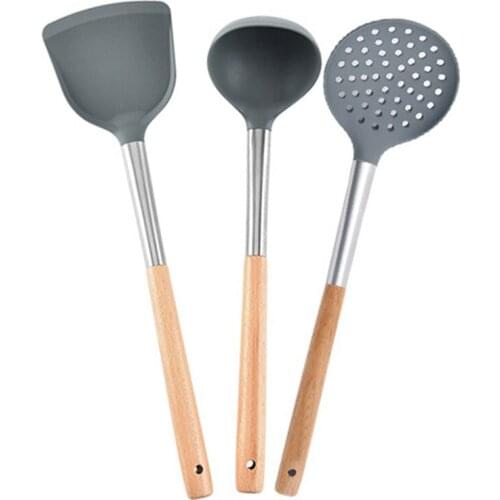 Kitchen Utensil Non-Stick Wooden Handle Soup Ladle Colander Frying Spatula Kitchenware Silicone Slotted Spoon Kitchen Gadgets