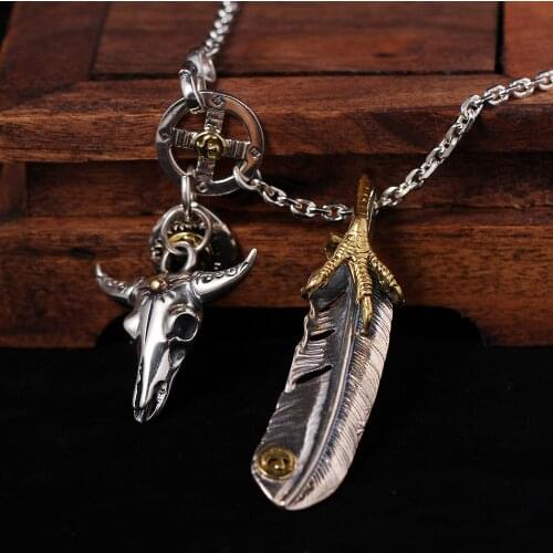 S925 Sterling Silver Jewelry Thai Silver Takahashi Goro Unisex Classic Feather Bull Head Pendant Necklace