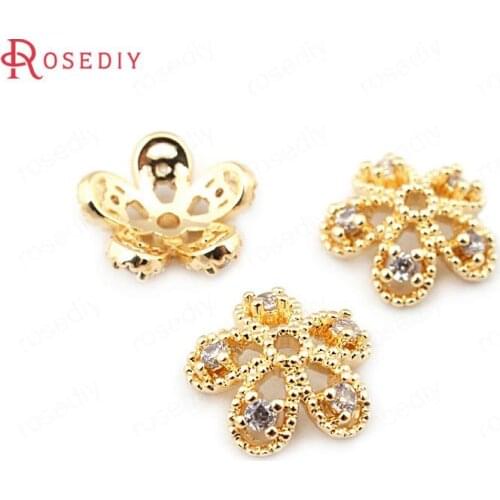 33664)10PCS 7MM height 2.5MM 24K Gold Color Brass with Zircon Flower Beads Caps High Quality Diy Jewelry Findings Accessories