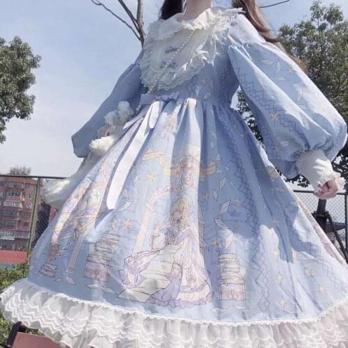 Cute Printing Vintage Lace Victorian Cosplay Princess Lolita Dress Girl Gothic Lolita Jsk Loli Vestid Kawaii Dress Puff Sleeve