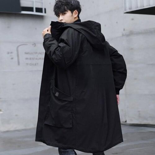 Korean Fashion Long Jacket Men With Hood Pure Black Hooded Windbreaker Jacket Overcoat Autumn Men Big Pockets Extra Large Size
