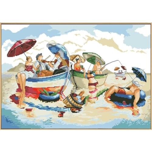 Beach Party Counted Cross Stitch Pattern Kits 11CT 14CT Printed Canvas Embroidery With Threads Sets All For Needlework Diy Craft