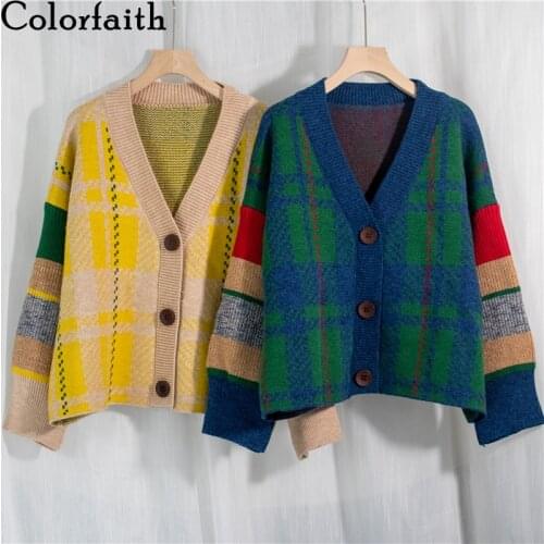 Colorfaith New 2020 Autumn Winter Womens Sweaters V-Neck Buttons Cardigans Checkered Knitted Oversize Vintage Tops SWC1221JX