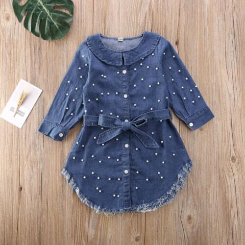 New Toddler Blue Pearl Bowknot Denim Jeans Baby Girl Long Sleeve T-Shirt Dress Kid Coat Clothes Childrens Clothing Girls Dress