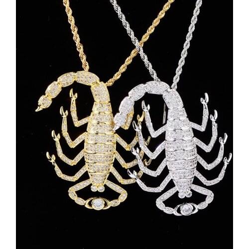 Hip Hop Micro Paved AAA+ Cubic Zirconia Iced Out Bling Big Scorpion Pendants Necklace for Men Jewelry Rose Gold Silver Color