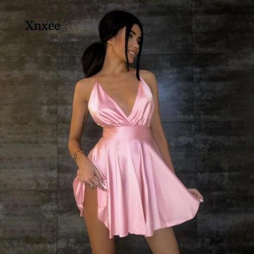 Sleeveless V-Neck Sexy Mini Slip Dress Backless Bow Pink Solid Summer Women Streetwear Party Outfits Clothing
