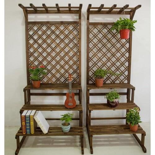 Balcony Flower Stand Antiseptic Wood Multi-layer Stepped Flower Stand, Flower Pot Stand with Cymbidium Mesh