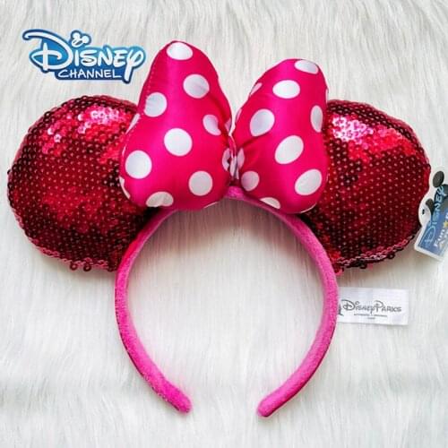 Disney Mickey Minnie Ear Headbands Rose Red Sequins White Dot Bow Plush Headwear Headdress Cosplay Kid Cotton Soft Headband Gift